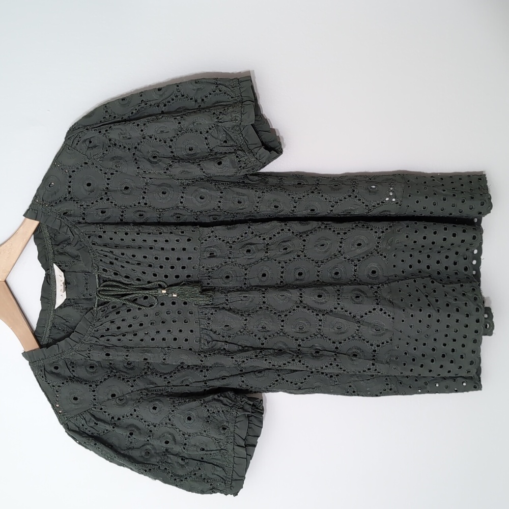 Adiva Olive 100%  Cotton Eyelet Fabric Puff Sleeve Drawstring Neckline Blouse